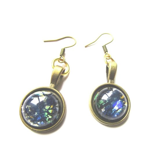 Bronze nickel free blue gold galaxy earrings - stainless steel nickel free hook - Picture 4 of 9